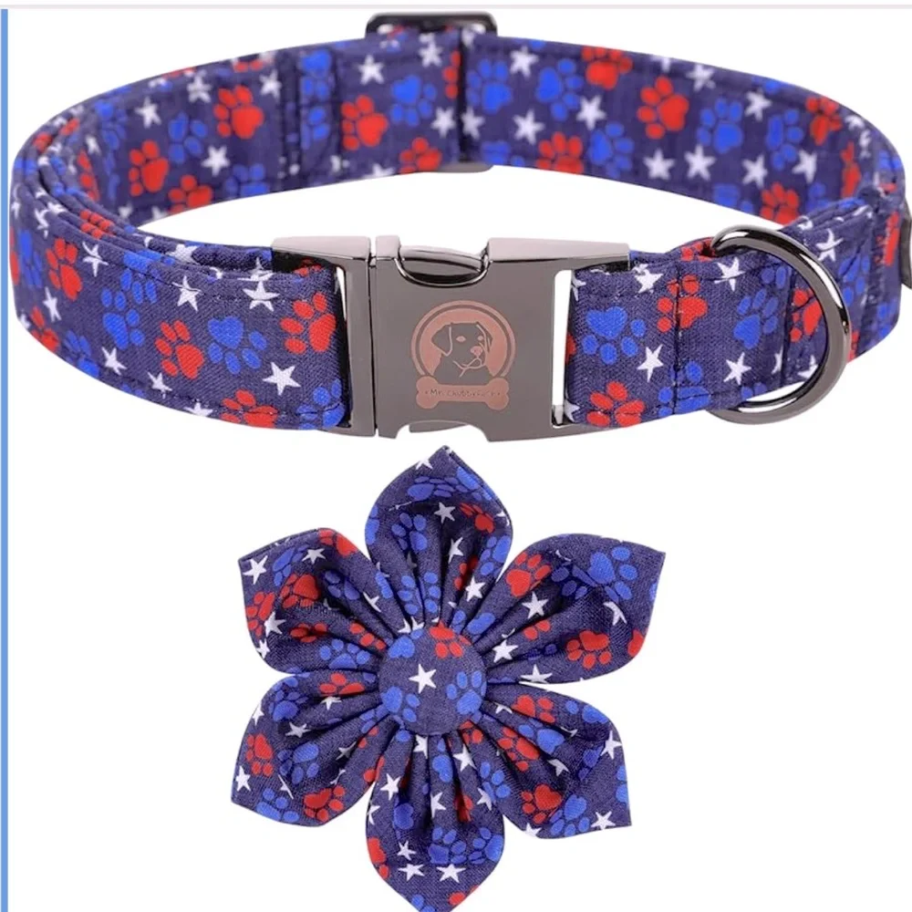 NWT Mr. Chubbyface 4th of July Dog Collar with Flower, XL Adjustable, - Picture 2 of 7